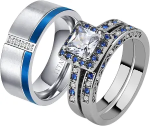 ringheart His and Hers Ring Couple Rings White and Blue Matching Ring 1.5ct AAA Cz Womens Wedding Ring Sets Wedding Bands