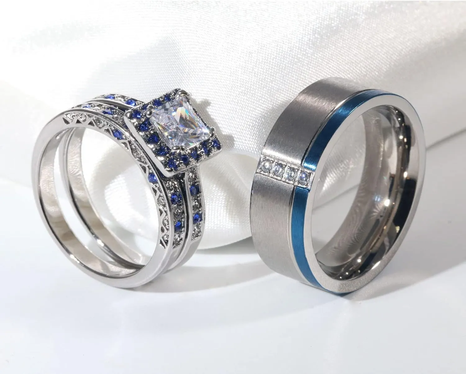 ringheart His and Hers Ring Couple Rings White and Blue Matching Ring 1.5ct AAA Cz Womens Wedding Ring Sets Wedding Bands