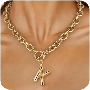 Ritach Chunky Gold Letter Necklace for Women 14K Gold Plated Initial Puffy Thick Link Necklace for Gifts