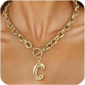 Ritach Chunky Gold Letter Necklace for Women 14K Gold Plated Initial Puffy Thick Link Necklace for Gifts