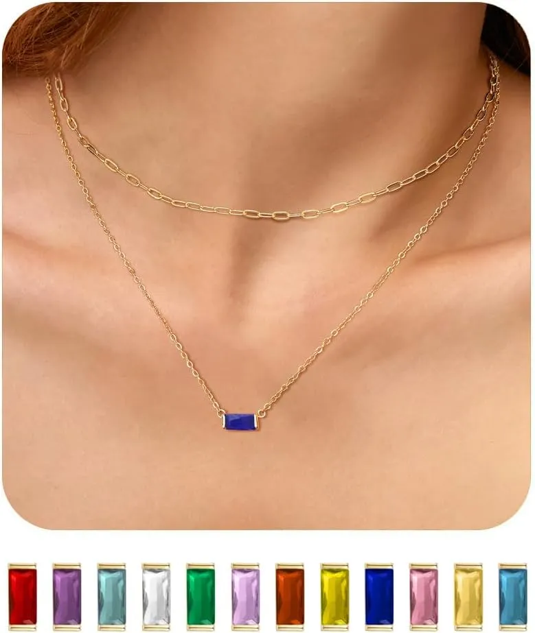 Ritach Layered Birthstone Necklace for Women Mothers 14K Gold Charm Necklace Dainty Paperclip Chain Necklace Pink Emerald Red Purple Pendant Necklace Diamond Jewelry Birthday Party Prom Wedding