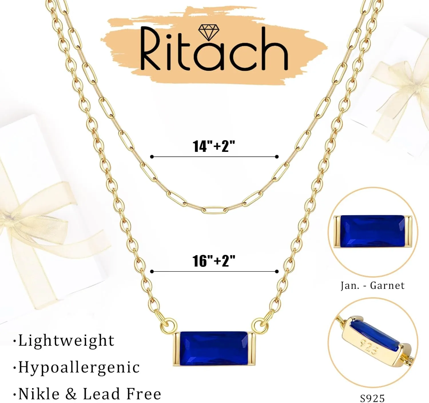 Ritach Layered Birthstone Necklace for Women Mothers 14K Gold Charm Necklace Dainty Paperclip Chain Necklace Pink Emerald Red Purple Pendant Necklace Diamond Jewelry Birthday Party Prom Wedding
