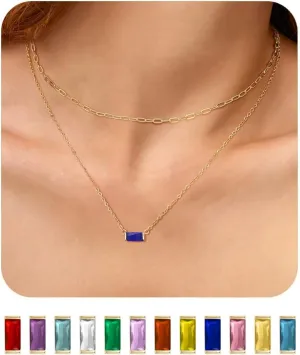 Ritach Layered Birthstone Necklace for Women Mothers 14K Gold Charm Necklace Dainty Paperclip Chain Necklace Pink Emerald Red Purple Pendant Necklace Diamond Jewelry Birthday Party Prom Wedding