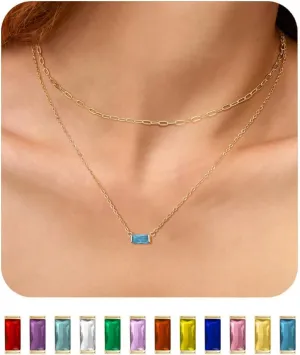 Ritach Layered Birthstone Necklace for Women Mothers 14K Gold Charm Necklace Dainty Paperclip Chain Necklace Pink Emerald Red Purple Pendant Necklace Diamond Jewelry Birthday Party Prom Wedding
