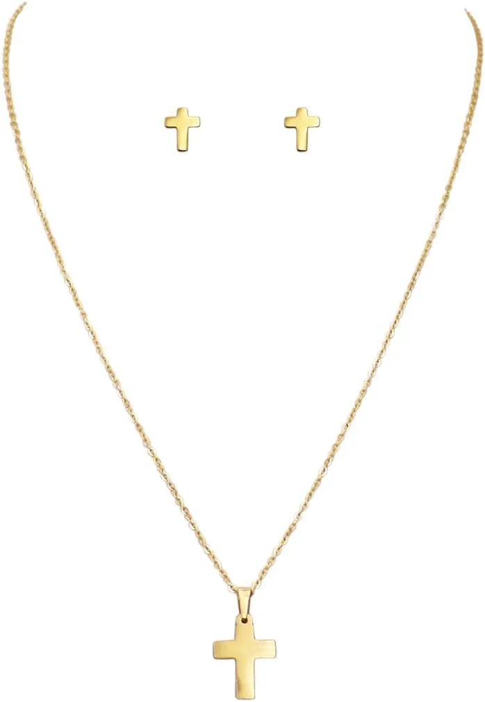 Rosemarie & Jubalee Women's Stainless Steel Religious Christian Cross Charm Necklace And Earrings Gift Set