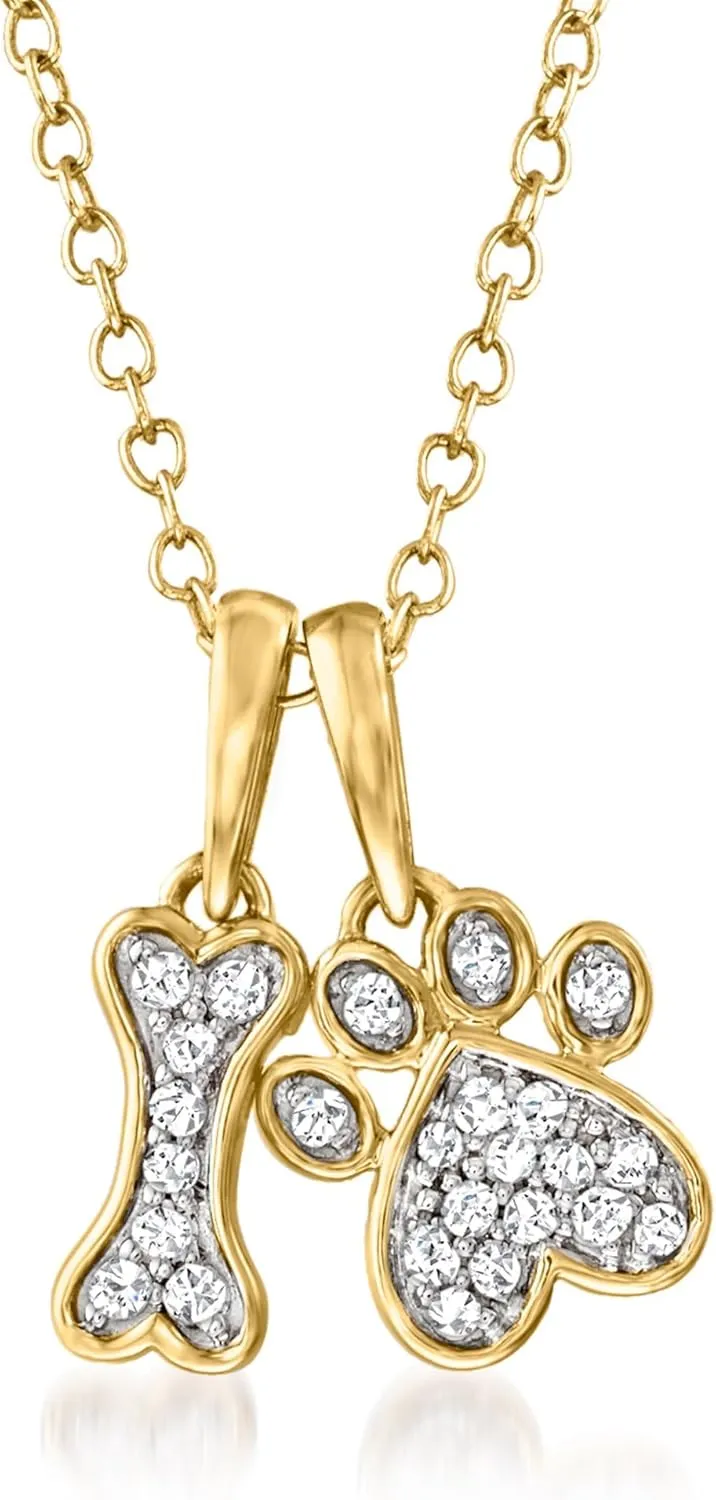 Ross-Simons 0.10 ct. t.w. Diamond Dog Bone and Paw Pendant Necklace in 14kt Yellow Gold