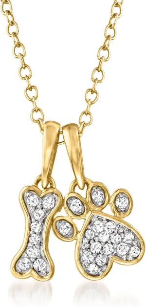 Ross-Simons 0.10 ct. t.w. Diamond Dog Bone and Paw Pendant Necklace in 14kt Yellow Gold