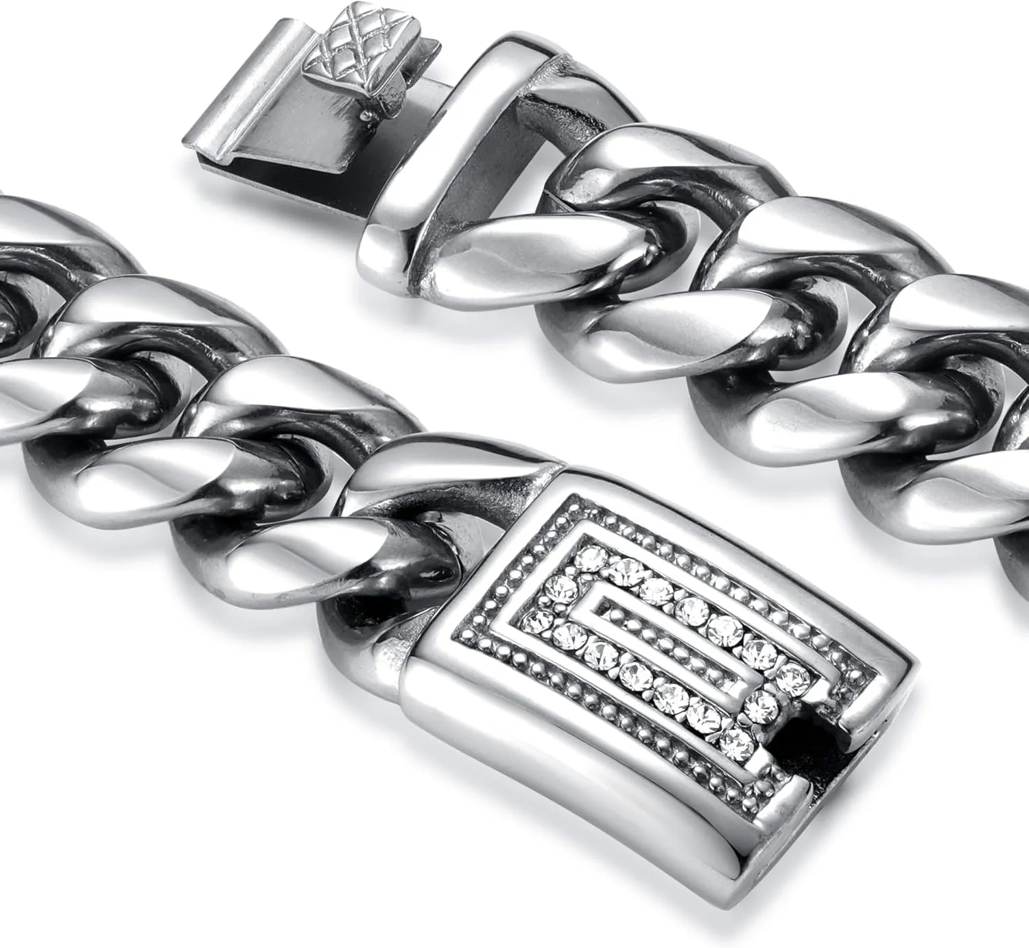 ROWIN&CO Miami Cuban Link Chain for Men 15mm Silver Stainless Steel Curb Necklace/Bracelet, Mens Jewelry, Durable & Anti-Tarnish CZ Diamond Clasp Chain 8" 20" to 35" Inch
