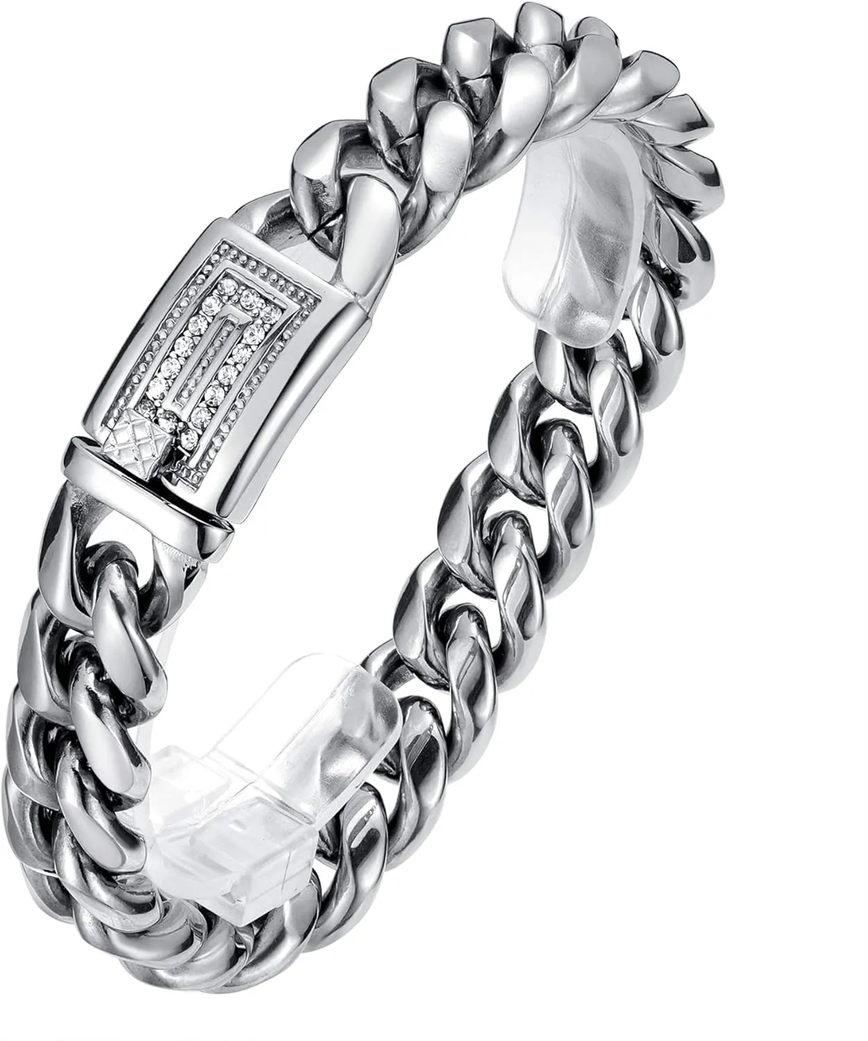 ROWIN&CO Miami Cuban Link Chain for Men 15mm Silver Stainless Steel Curb Necklace/Bracelet, Mens Jewelry, Durable & Anti-Tarnish CZ Diamond Clasp Chain 8" 20" to 35" Inch