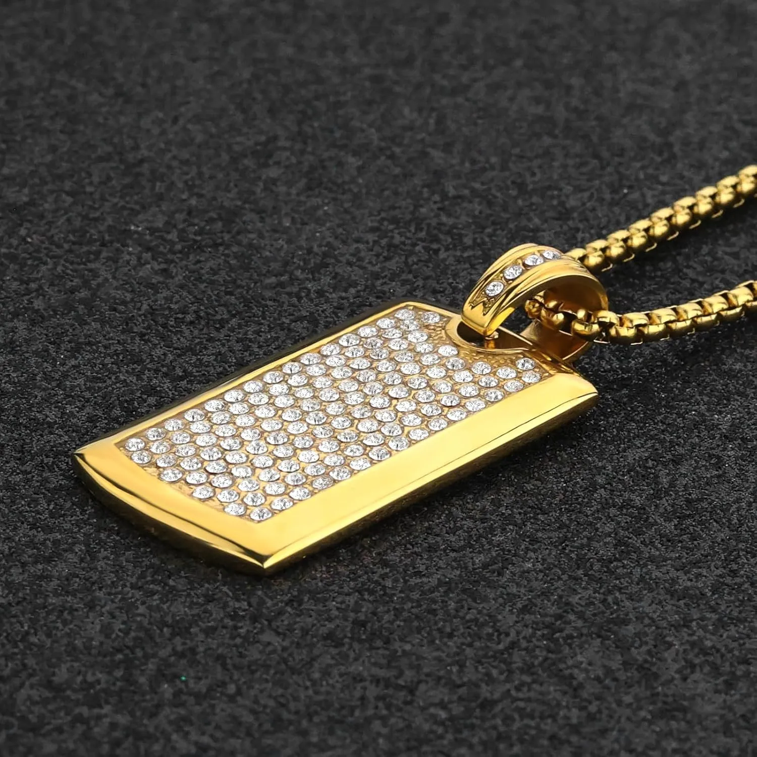 ROWIN&CO Trendy Iced Out Dog Tag Personalized Necklace for Men & Women Stainless Steel Gold Black CZ Pendant Stylish Military & Hip Hop Style Gift 24 Inch Chain