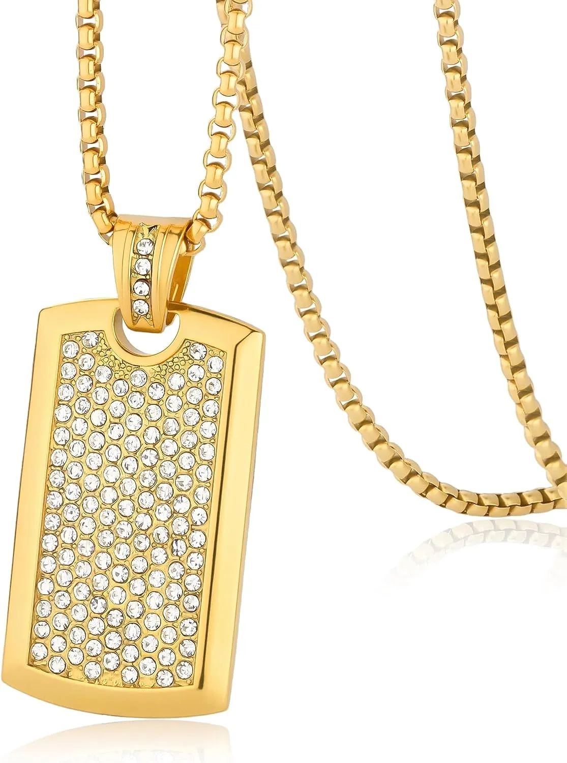 ROWIN&CO Trendy Iced Out Dog Tag Personalized Necklace for Men & Women Stainless Steel Gold Black CZ Pendant Stylish Military & Hip Hop Style Gift 24 Inch Chain