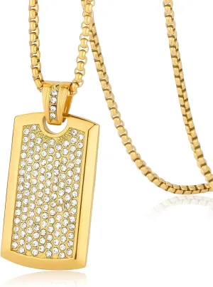 ROWIN&CO Trendy Iced Out Dog Tag Personalized Necklace for Men & Women Stainless Steel Gold Black CZ Pendant Stylish Military & Hip Hop Style Gift 24 Inch Chain