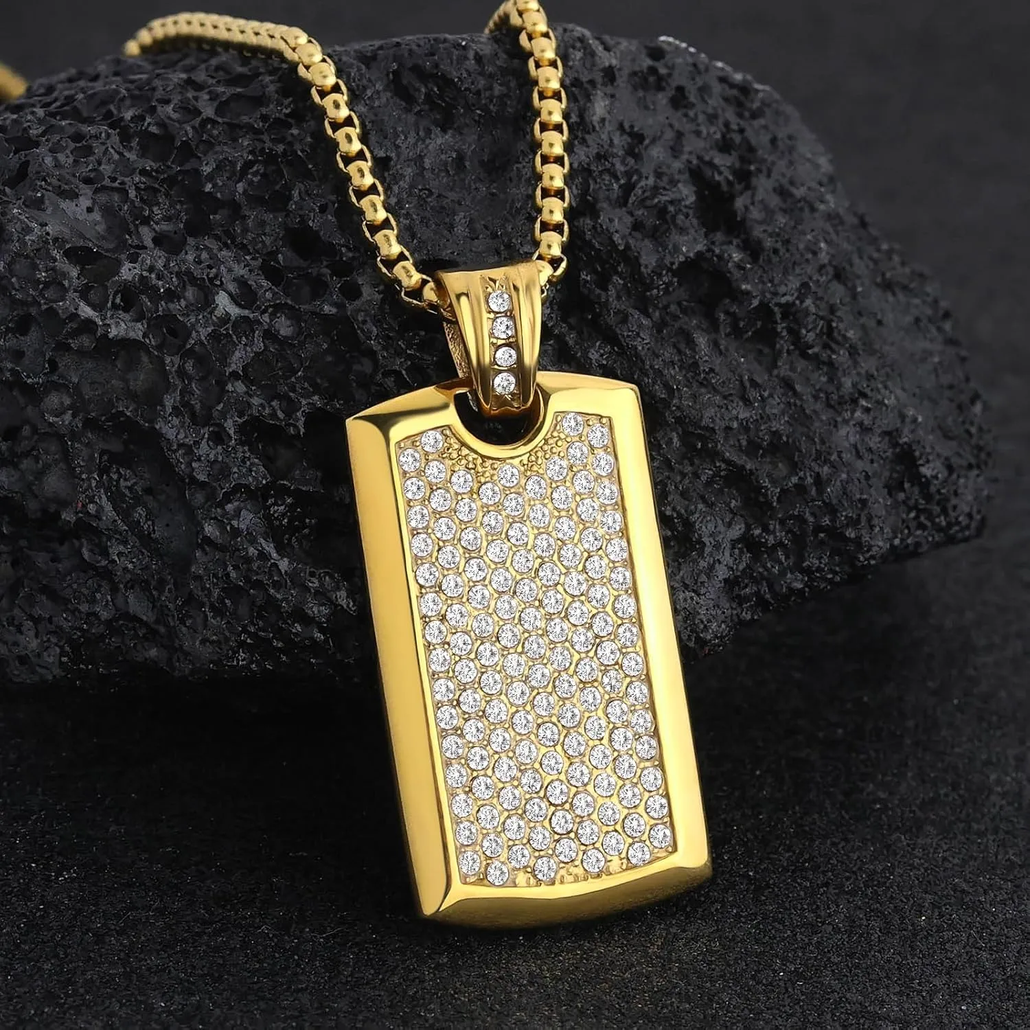 ROWIN&CO Trendy Iced Out Dog Tag Personalized Necklace for Men & Women Stainless Steel Gold Black CZ Pendant Stylish Military & Hip Hop Style Gift 24 Inch Chain