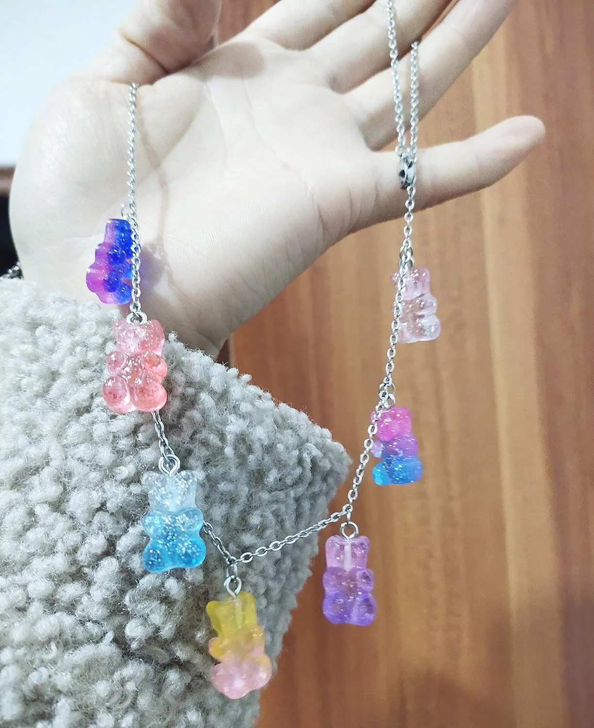 RUIZHEN 7 Colors Cute Gummy Bear Necklace Colorful Resin Bear Pendant Necklace for Women