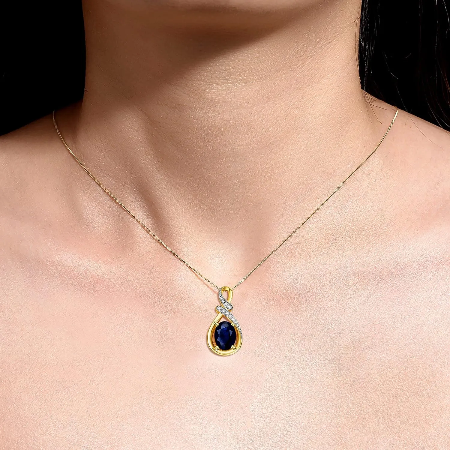 RYLOS Yellow Gold Plated Silver Classic Designer Necklace: Gemstone & Diamond Pendant, 18" Chain, 9X7MM Birthstone, Women's Elegant Jewelry