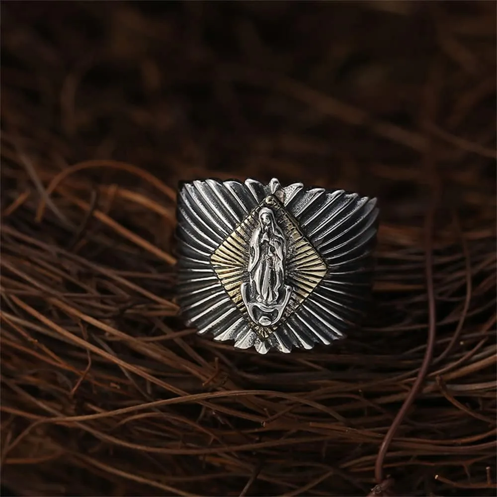 S925 Sterling Silver Men's Virgin Mary Ring, Gothic Vintage Open Adjustable Virgin Mary Ring