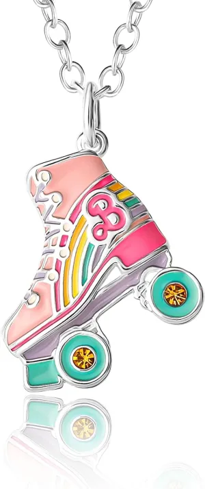 SALLY ROSE Barbie 3D Roller Skates Necklace, 16" 2" Silver Flash-Plated Barbie Pendant Necklace for Women Official License