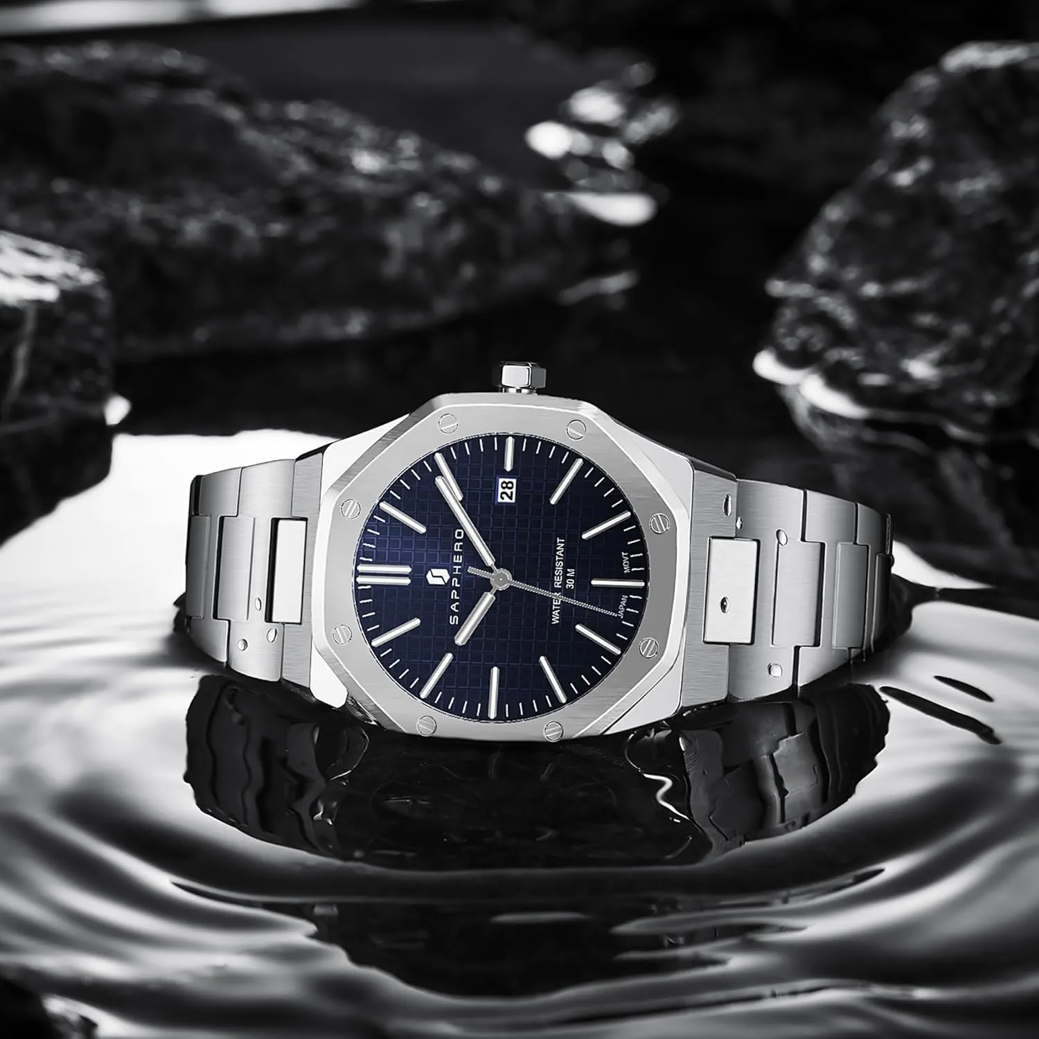 SAPPHERO Men's Watch Octagonal Stainless Steel 30M Waterproof Luminous Wristwatch Luxury Analog Quartz Watch for Men with Date Elegant Mens