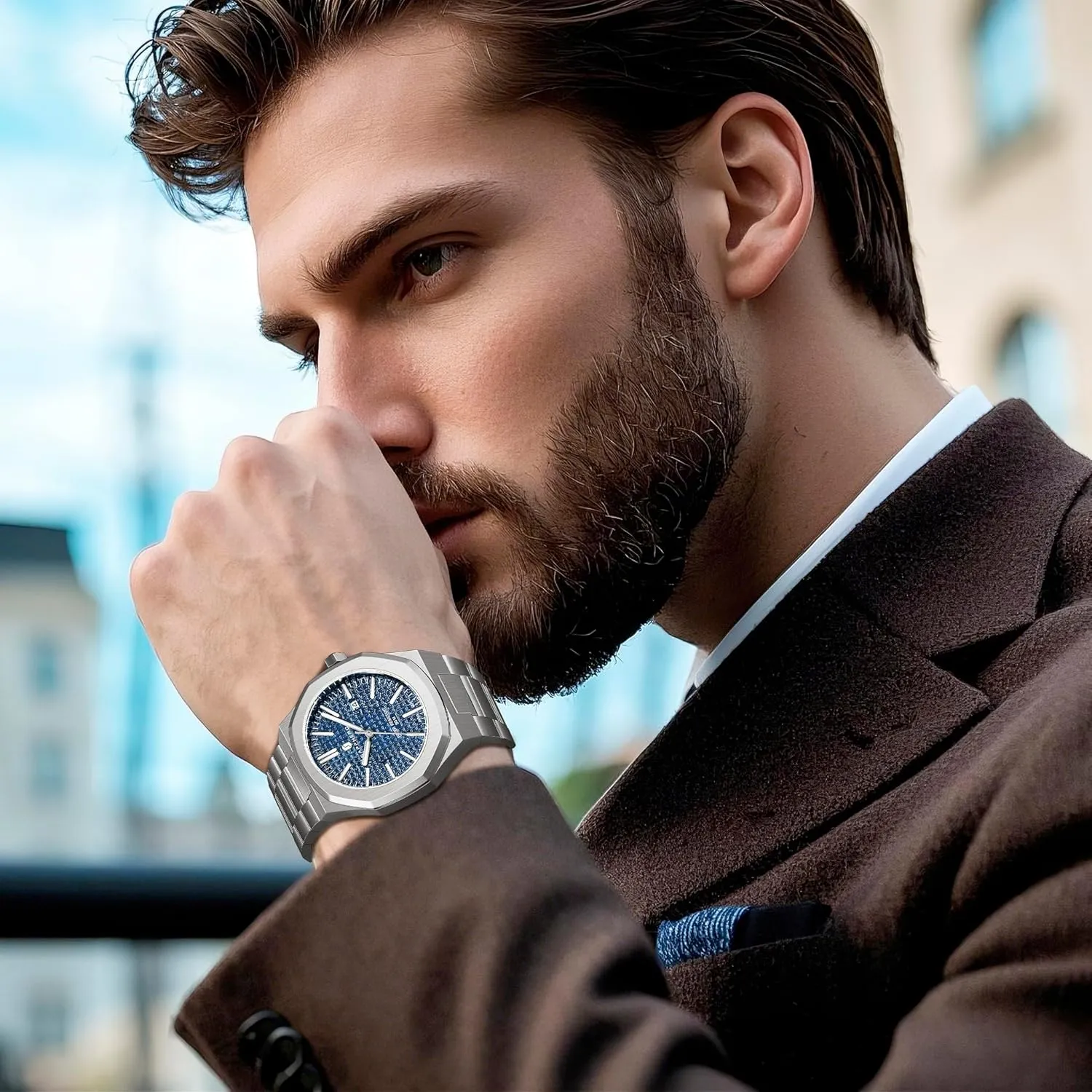 SAPPHERO Men's Watch Octagonal Stainless Steel 30M Waterproof Luminous Wristwatch Luxury Analog Quartz Watch for Men with Date Elegant Mens