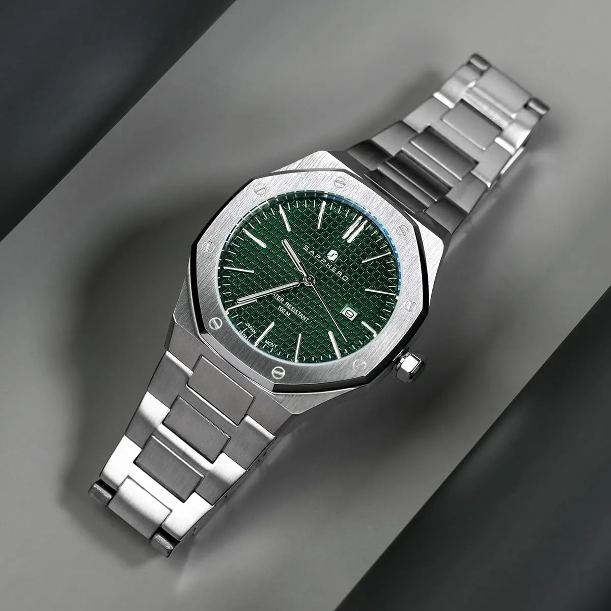 SAPPHERO Men's Watch Octagonal Stainless Steel 30M Waterproof Luminous Wristwatch Luxury Analog Quartz Watch for Men with Date Elegant Mens