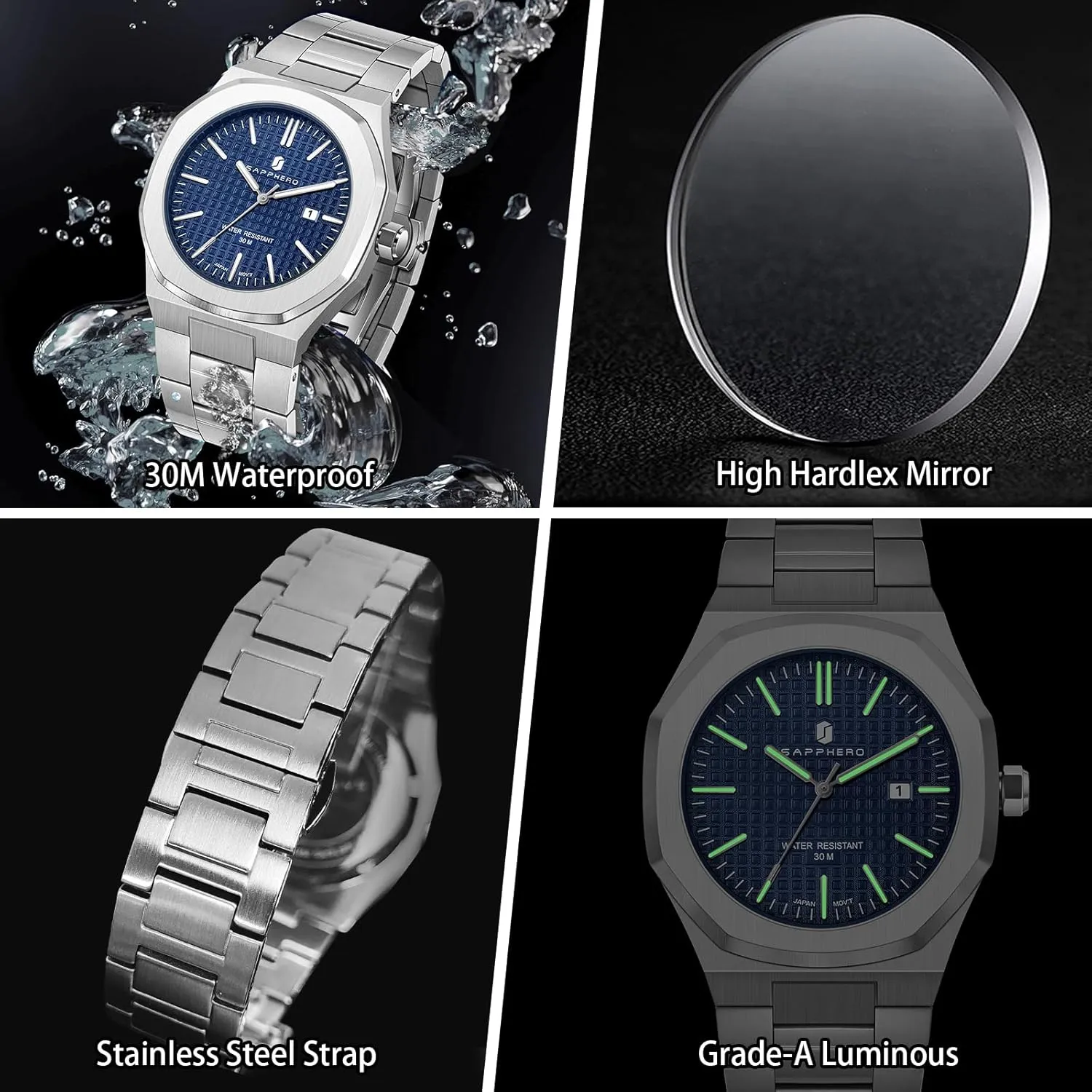 SAPPHERO Men's Watch Octagonal Stainless Steel 30M Waterproof Luminous Wristwatch Luxury Analog Quartz Watch for Men with Date Elegant Mens