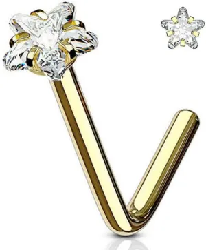 Satix 316L Surgical Steel PVD Plated 20G 18G Nose Rings Studs Prong Set 2.5mm Star CZ L Shaped Nose Studs Rings for Women 6mm 1/4 Inch