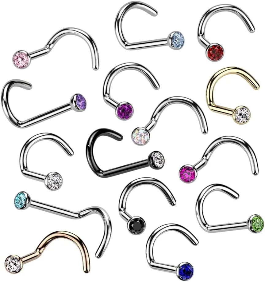 Satix Nose Rings Studs 18G Nose Screw Ring Implant Grade Titanium Press Fit 2mm CZ Jewel Nose Piercing Jewelry for Women and Men - Sold Individual