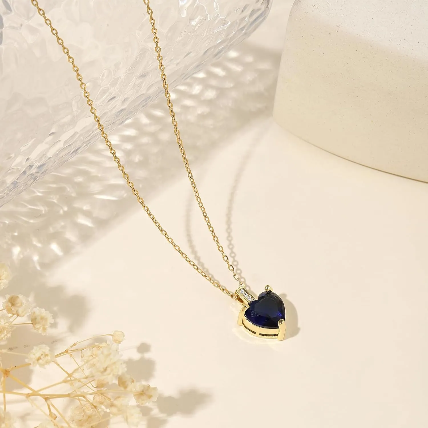 September Birthstone Necklace for Women 14K Gold Plated Sapphire Heart Necklace Blue Pendant Necklace September Birthstone Jewelry September Birthday Gifts for Women Girls