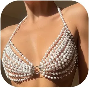 Sexy Multi-layered Pearl Tassel Bra Body Chain Jewelry Summer Beach Pearl Harness Bra Chain Bikini Festival Rave Pearl Bra Bralette Body Jewelry for Women