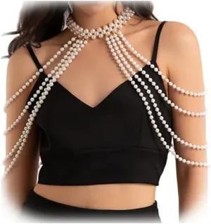 Sexy Pearl Tassel Shoulder Chain Jewelry Summer Beach Pearl Neck Chain Bikini Festival Rave Pearl Bra Bralette Pearl Shoulder Arm Body Chain Jewelry for Women