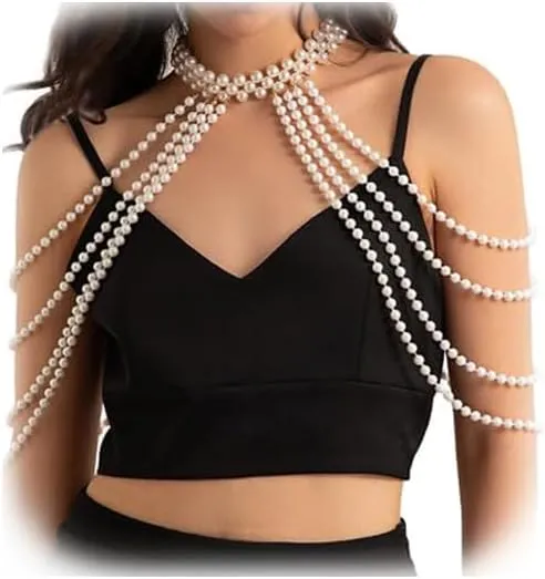 Sexy Pearl Tassel Shoulder Chain Jewelry Summer Beach Pearl Neck Chain Bikini Festival Rave Pearl Bra Bralette Pearl Shoulder Arm Body Chain Jewelry for Women