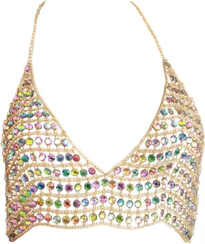 Sexy Women's Gold Body Chain Bikini Jewelry Chest Chain Acrylic Diamond Bra Top