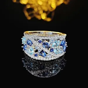 Shinning Crystal Inlaid Eternal Band Statement Ring Blue Zircon Halo Hollow Ring Colorful Gemstone Wedding Dinner Party Jewelry for Women(8)