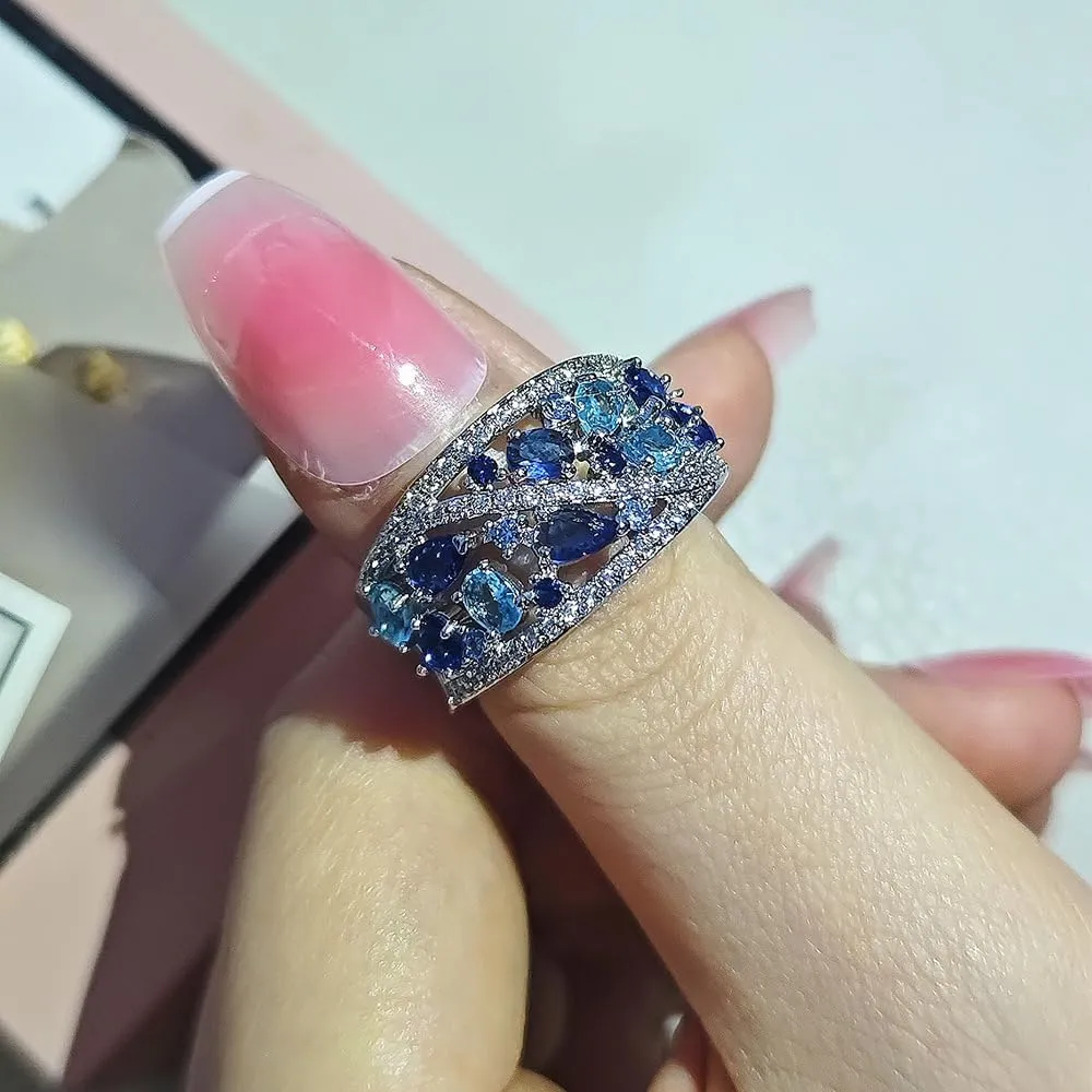 Shinning Crystal Inlaid Eternal Band Statement Ring Blue Zircon Halo Hollow Ring Colorful Gemstone Wedding Dinner Party Jewelry for Women(8)