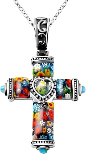 Shop LC Colorful Rainbow Cross Necklace for Women Christian Jewelry Black Oxidized Murano Style Millefiori Glass Flower Stainless Steel Chain Size 20" Catholic Faith Religious Birthday Gifts for