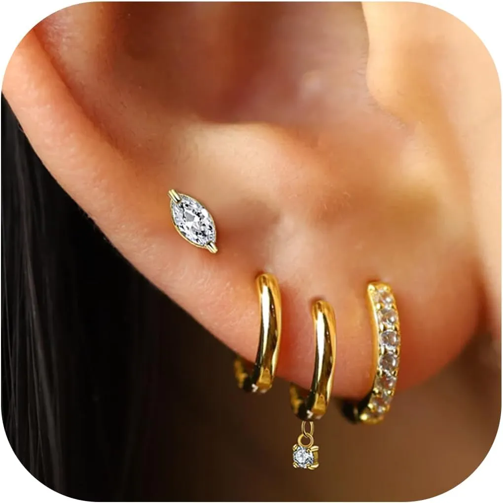 Silver 14K Gold Plated Stackable Earrings Set for Women - 4 Pairs Dainty Hoop & Stud Earring Set, Hypoallergenic Layered Ear Jewelry, Minimalist Surgical Steel Huggie Hoops & Tiny Studs for Daily Wear