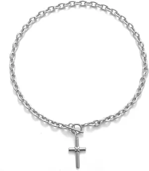 Silver Cross Necklace for Women Men Stainless Steel Chunky Silver Cross Chain Pendant Statement Vintage Necklace Jewelry Gift