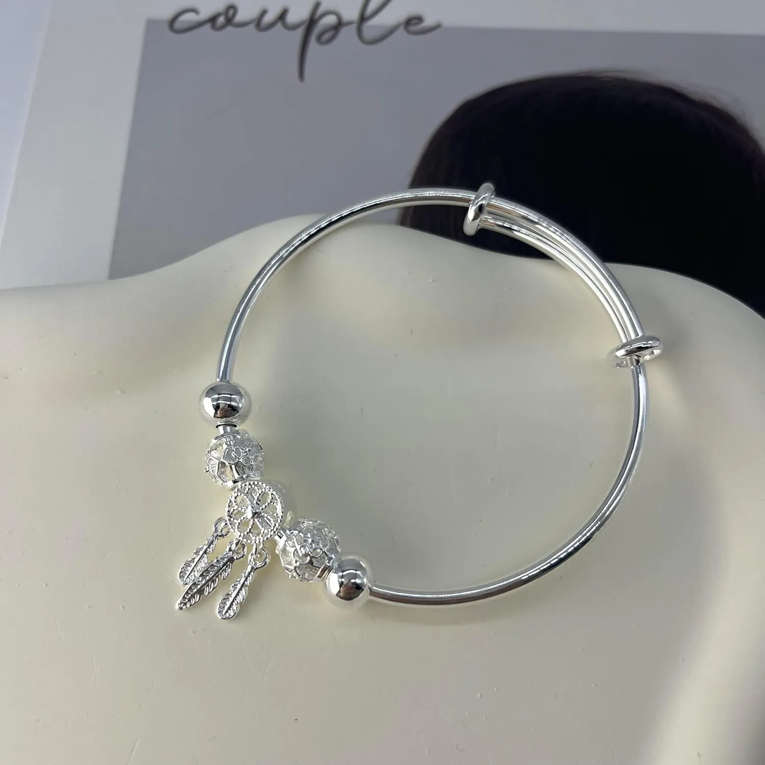 Silver Dream Catcher Tassel Feather Charm Bracelet Bangle Elegant Adjustable Polished Hollow Out Bracelet for Women Mother Friend Friendship Jewelry