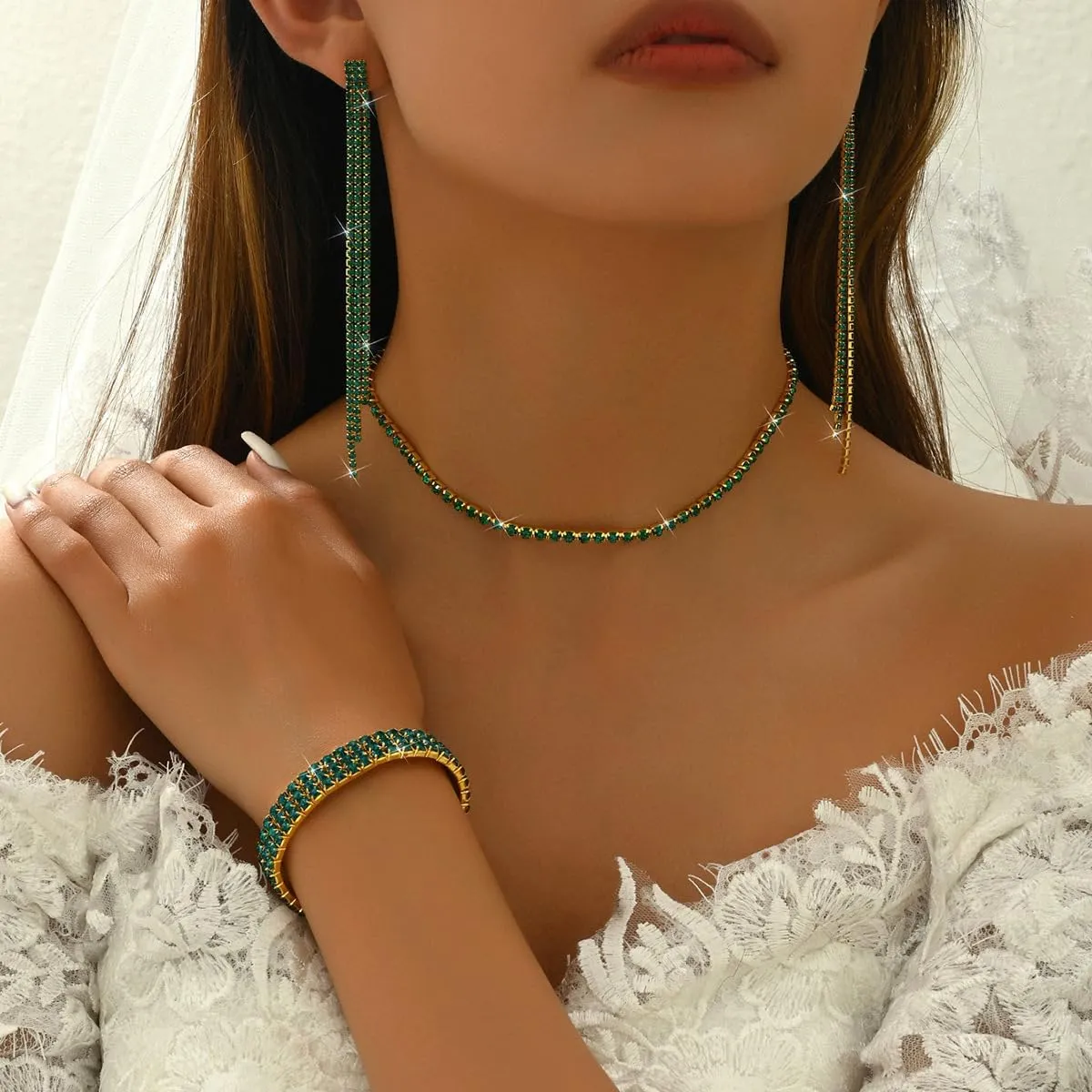 Silver Prom Jewelry Set for Women Elegant Crystal Rhinestone Necklace and Earrings Bracelet Prom Accessories Wedding Jewelry Sets for Brides