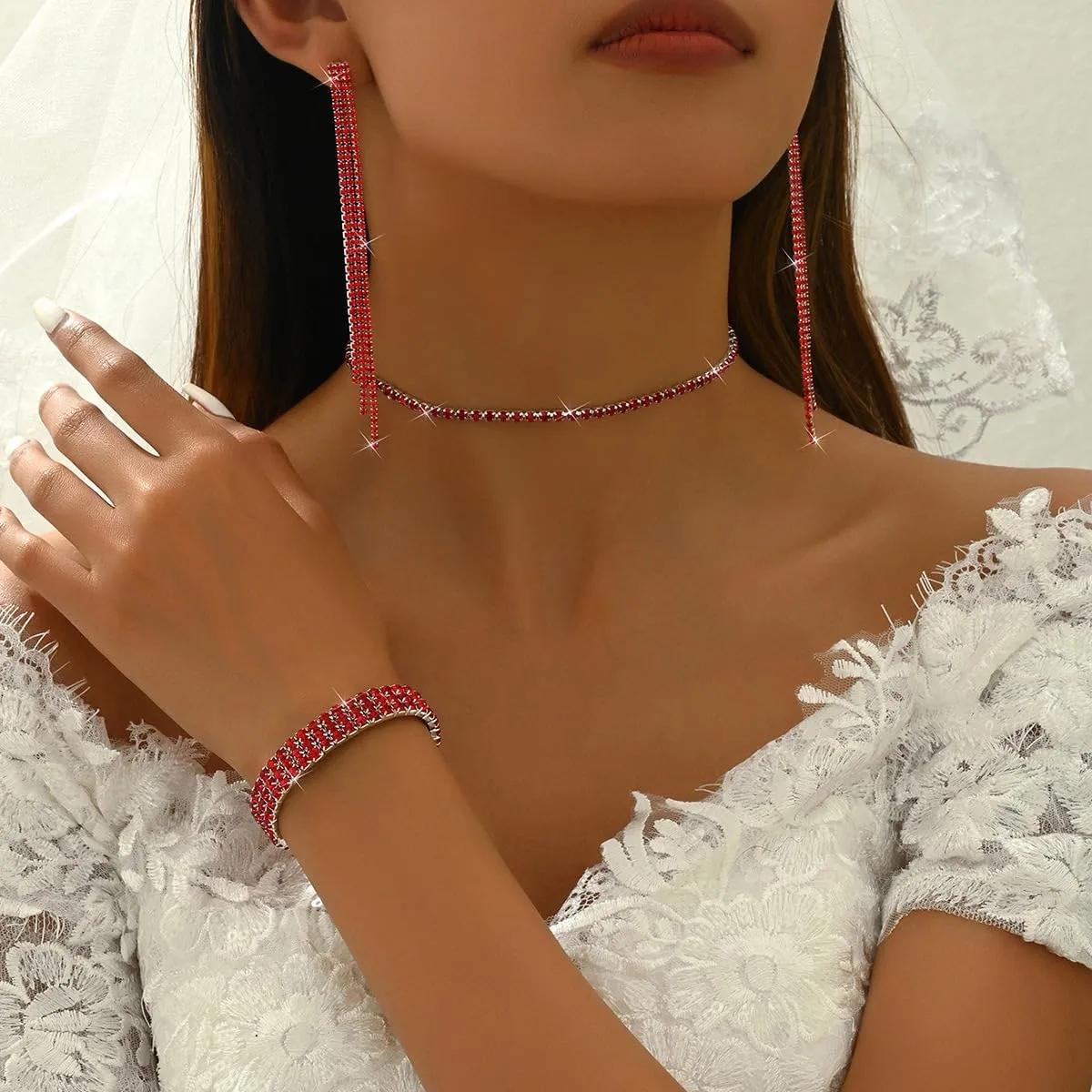 Silver Prom Jewelry Set for Women Elegant Crystal Rhinestone Necklace and Earrings Bracelet Prom Accessories Wedding Jewelry Sets for Brides