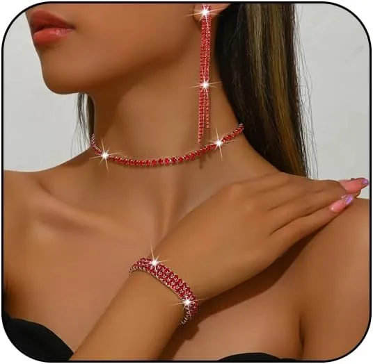 Silver Prom Jewelry Set for Women Elegant Crystal Rhinestone Necklace and Earrings Bracelet Prom Accessories Wedding Jewelry Sets for Brides