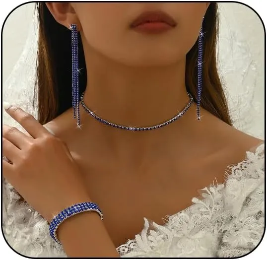 Silver Prom Jewelry Set for Women Elegant Crystal Rhinestone Necklace and Earrings Bracelet Prom Accessories Wedding Jewelry Sets for Brides