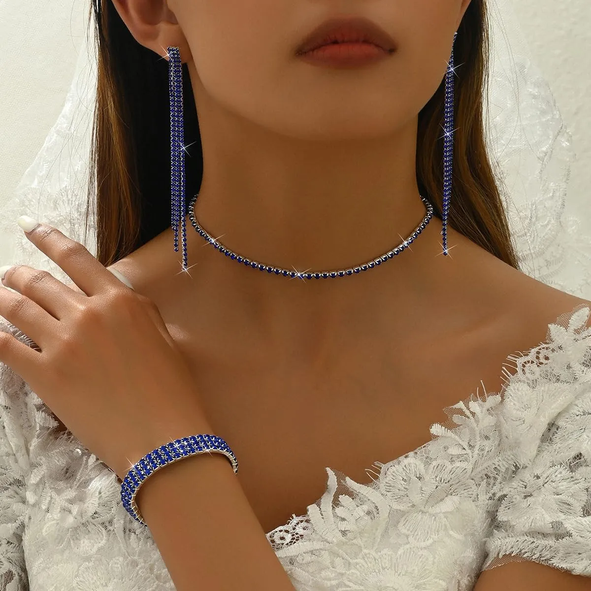 Silver Prom Jewelry Set for Women Elegant Crystal Rhinestone Necklace and Earrings Bracelet Prom Accessories Wedding Jewelry Sets for Brides