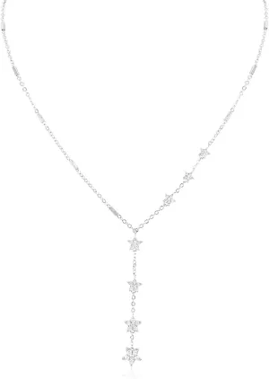 Silver Star Pendant Necklace for Women - Long Chain Y Shaped Elegant Dainty Cubic Zirconia Crystal Charm Statement Necklace for Party Jewelry