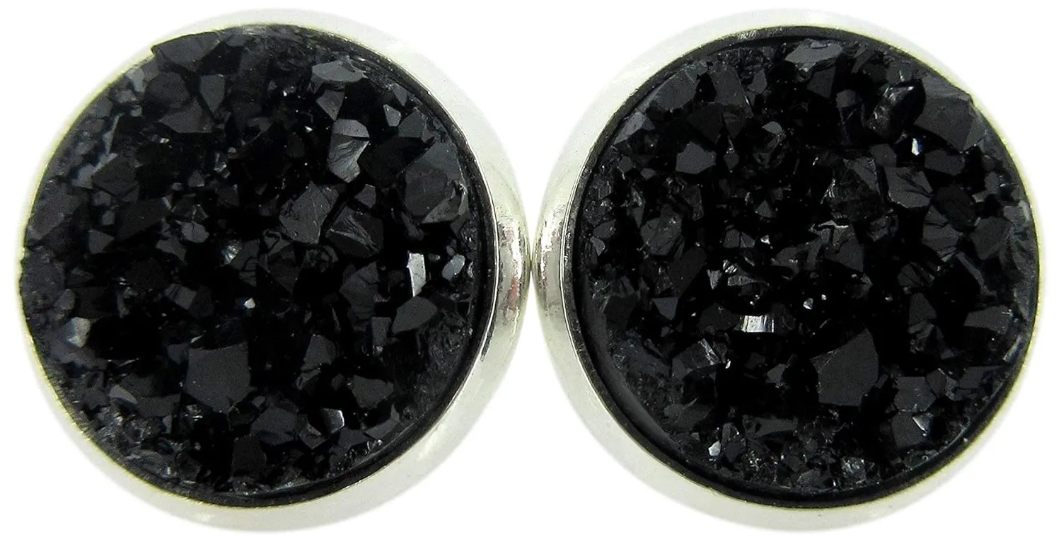 Silver-tone Black Faux Druzy Stone Stud Earrings 12mm