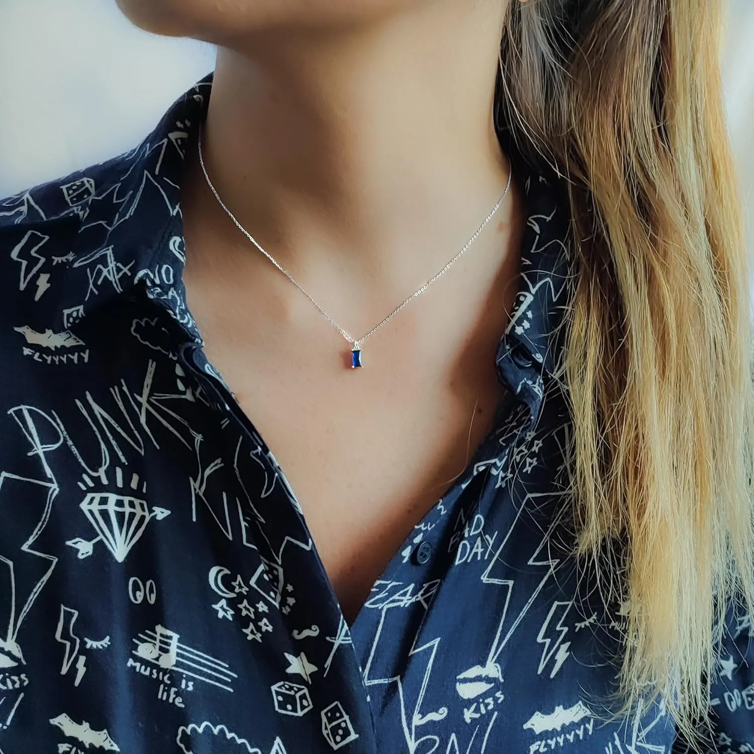 Simulated Sapphire Rectangle Charm Necklace, Elegant Jewelry, Blue Gemstone Necklace for Women, 925 Silver Pendant for Everyday Wear (Sapphire - Blue)