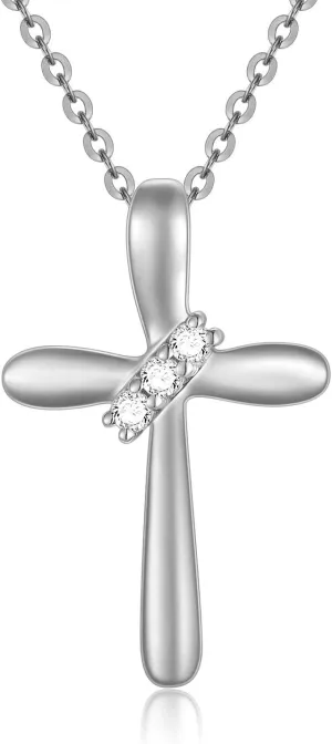 SISGEM 10K Real Gold Diamond Cross Necklace for Women, Natural Round-cut Diamond Accent Gold Cross Pendant Anniversary Love Gift Jewelry for Her, 18 inch