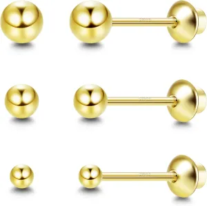 Sllaiss 3 Pairs Ball Stud Earrings Screw Back 925 Sterling Silver Cartilage Earrings Stud 14K Gold Plated Tiny Screwback Earrings For Women 2mm-4mm (14K Gold)