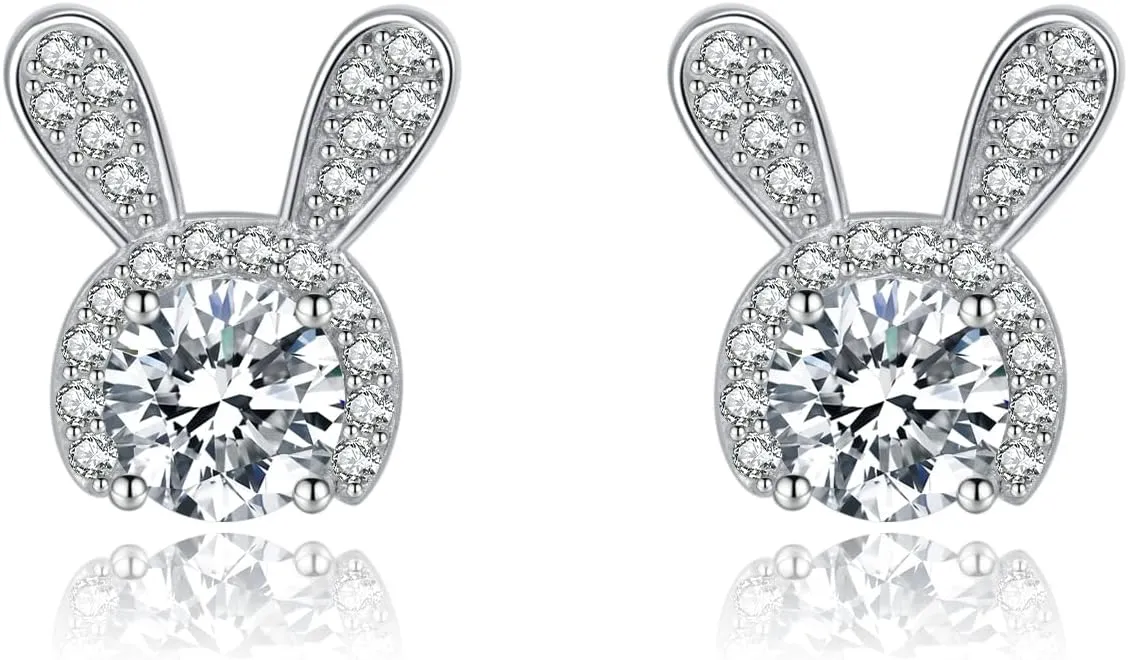 SLUYNZ 925 Sterling Silver Easter Rabbit Studs Earrings for Women Teens CZ Rabbit Bunny Earrings Studs