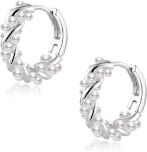 Small Pearl Hoop Earrings for Women, Twisted Huggie Hoop Earrings with Tiny Pearls Chain Link Earing Hypoallergenic Jewelry 16mm